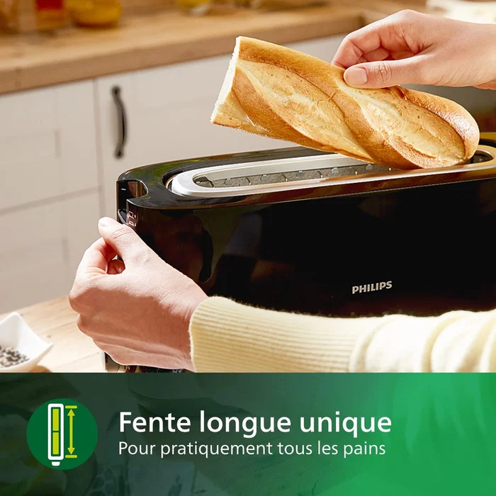 Philips HD2590/90 Grille-pain Daily 1 fente longue 830W - 8 réglages de cuisson, fonction réchauffe-viennoiseries, tiroir ramasse-miettes, Noir