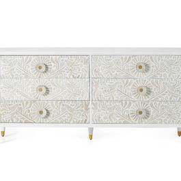 Giner y Colomer - Commode en bois de manguier avec 6 tiroirs, finition blanc usé et détails dorés, 170x80x40 cm