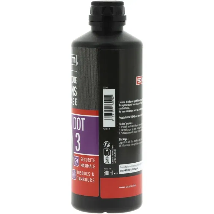 Facom - Liquide de frein DOT 3 synthétique pour systèmes à disques ou tambours - Bouteille de 500 ml - Conforme FMVSS 116 - Point d'ébullition >205°C Facom - Liquide de frein DOT 3 synthétique pour systèmes à disques ou tambours - Bouteille de 500 ml - Conforme FMVSS 116 - Point d'ébullition >205°C