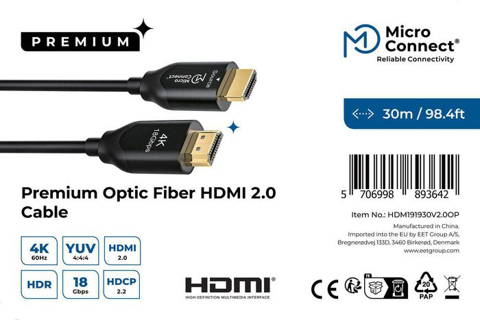 MicroConnect Câble HDMI 2.0 Optique Actif 25m - Support 4K 60Hz, 18 Gbps, HDR, HDCP 2.2, Câble Hybride Fibre et Cuivre pour Installation Pro MicroConnect Câble HDMI 2.0 Optique Actif 25m - Support 4K 60Hz, 18 Gbps, HDR, HDCP 2.2, Câble Hybride Fibre et Cuivre pour Installation Pro