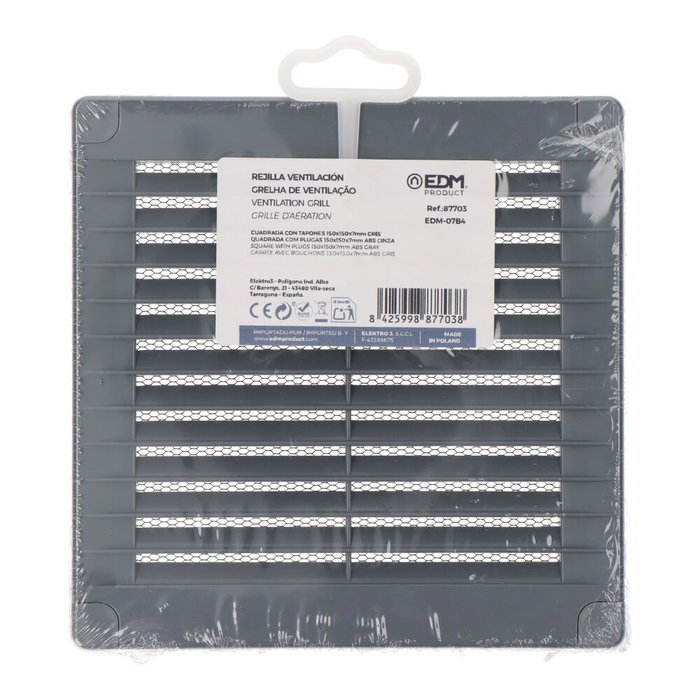 Edm Grille de ventilation ABS carrée 150x150x7mm Gris avec bouchons et moustiquaire