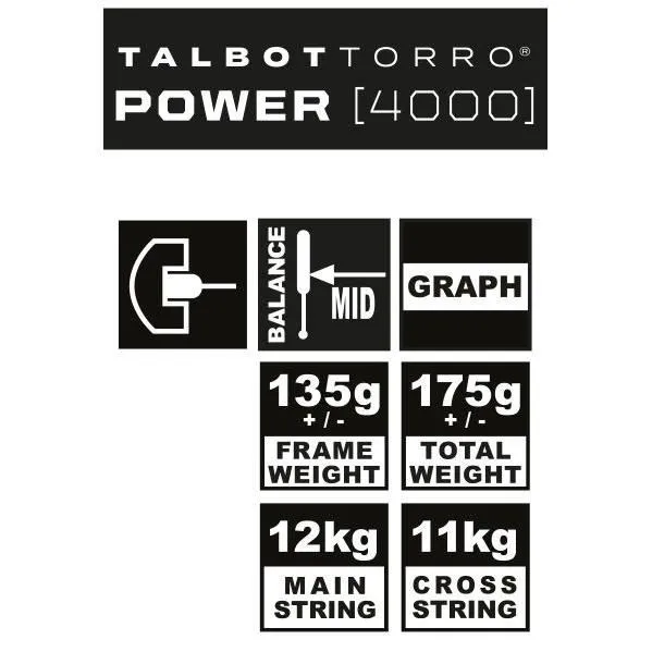 Talbot Torro POWER 4000 - Raquette de squash - 100% Graphite - Tête 480cm² - Cadre 18.2mm - Poids 175g - Cordage US 500 - Profil en U