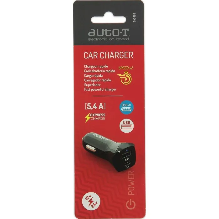 Auto-T - Prise ALLUME-CIGARE 12/24V avec Port USB-C (QC 3.0) et Port USB - Modèle 540128 - Charge Rapide