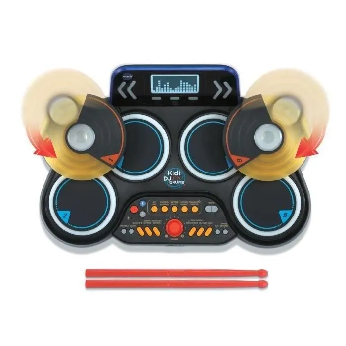 VTECH Kidi DJ Drums - Batterie électronique pour enfant à partir de 6 ans avec 4 pads lumineux, 2 cymbales et effets musicaux - Version française