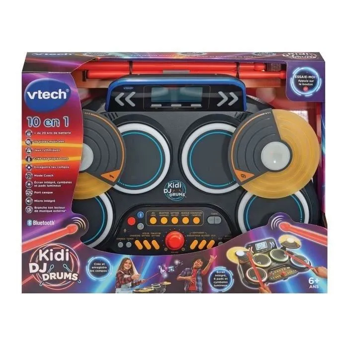 Vtech Kidi DJ Drums - Batterie électronique pour enfants à partir de 6 ans avec 4 pads lumineux, 2 cymbales et effets musicaux
