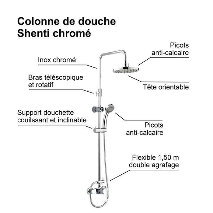 Colonne de douche Edouard Rousseau SHENTI avec robinetterie chromée, tête orientable, bras télescopique et douchette 3 jets