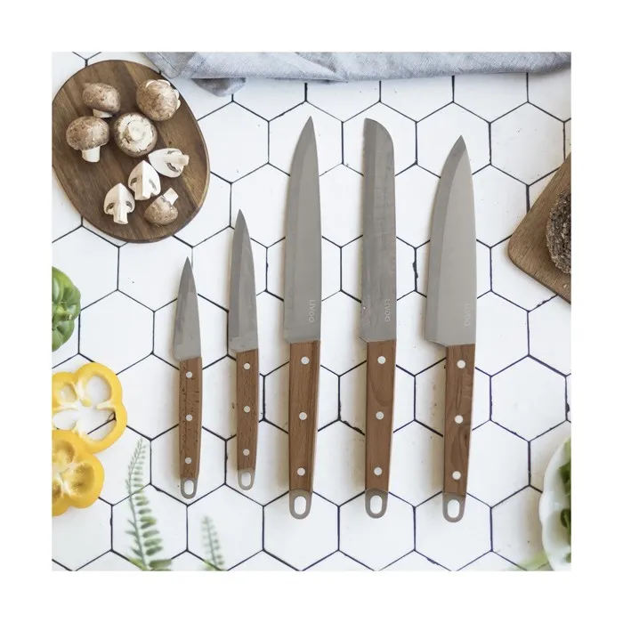 Livoo - Set de 5 Couteaux Professionnels (MEC129) - Chef, Pain, Cuisine, Tranchelard, Office - Manche en Hêtre - Acier Inoxydable