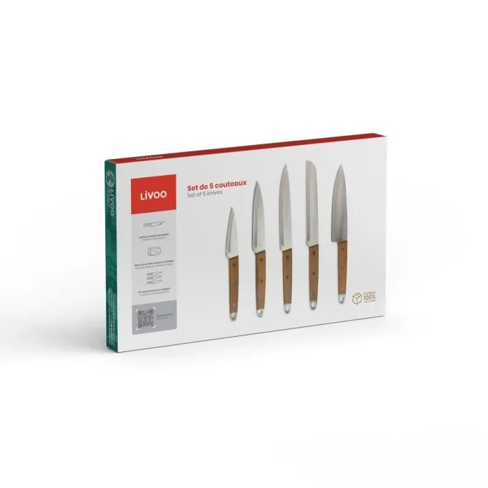 Livoo - Set de 5 Couteaux Professionnels (MEC129) - Chef, Pain, Cuisine, Tranchelard, Office - Manche en Hêtre - Acier Inoxydable