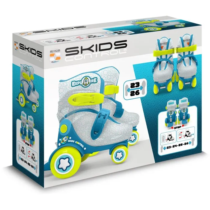 Stamp Patins ajustables STAMP Skids Control Explore Taille 23-26 4 roues Bleu - Roulements 608Z, chaussons réglables par scratch, idéal pour l'apprentissage de l'équilibre