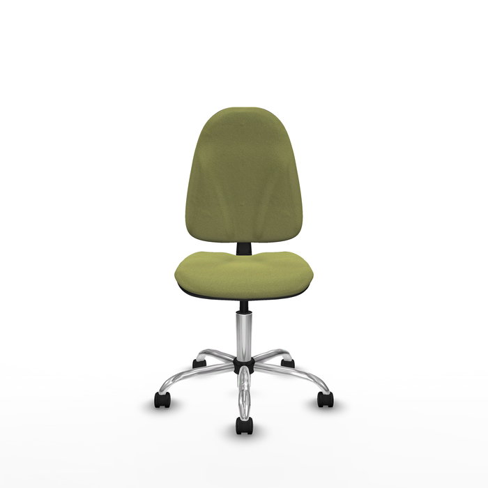 Chaise de bureau Algarra avec mécanisme de contact permanent de base, rembourrée de tissu vert olive. Équipée d'une base chromée, sans accoudoirs et de roulettes en nylon de 50 mm.