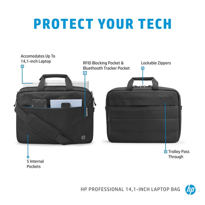 HP Sacoche pour Ordinateur Portable Professional 14,1 Pouces, Sacoche de Transport Écologique, avec Poche RFID et Compatible Traqueur Bluetooth, Noir HP Sacoche pour Ordinateur Portable Professional 14,1 Pouces, Sacoche de Transport Écologique, avec Poche RFID et Compatible Traqueur Bluetooth, Noir