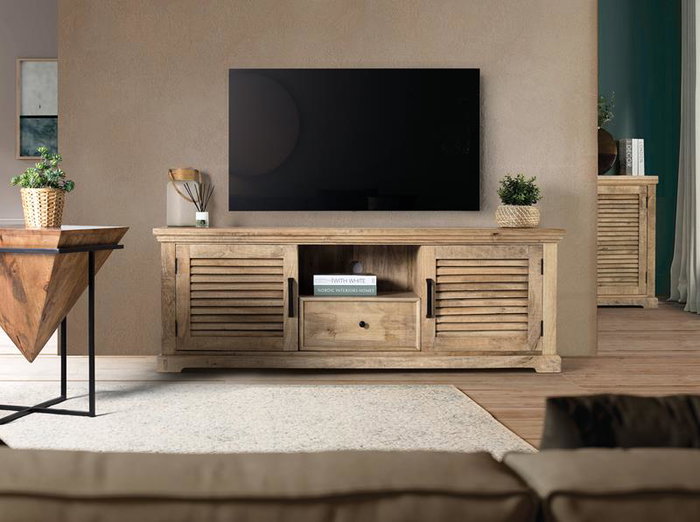 GINER Y COLOMER Console TV en bois de manguier massif - 2 portes, 1 tiroir - Dimensions : 170x60x40 cm - Teinté naturel