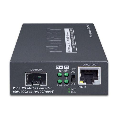PLANET GT-805A-PD Convertisseur de médias Gigabit PoE+ PD 802.3at, Port RJ45 10/100/1000BASE-T vers Slot SFP 100/1000BASE-X, Alimentation via PoE ou 5V DC