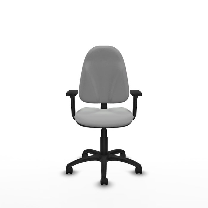 Chaise de bureau Algarra avec mécanisme Contact permanent de base, revêtue de similicuir gris clair. Équipée d'un piètement en polyamide noir, d'accoudoirs 2D et de roulettes en nylon de 50 mm