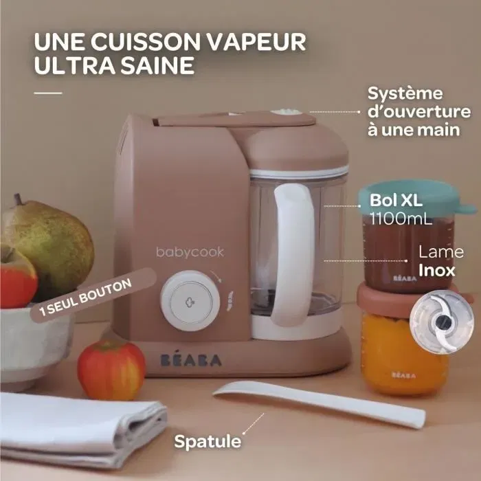 Beaba Babycook Solo - Robot culinaire bébé 4 en 1 : mixeur, cuiseur vapeur (15 min), bol XL 1100 ml, commande unique, conservation des vitamines