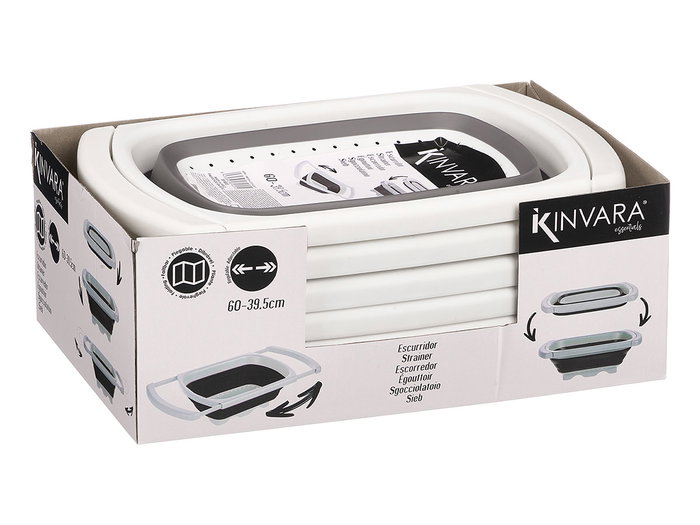 Kinvara Colador Rectangular Ajustable et Pliable 60 x 27 x 12.5 cm Blanc et Gris Plastique PP et TPR (Set de 12)