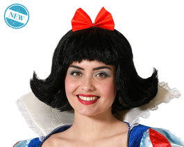 Atosa Perruque Courte Noire avec Nœud Rouge pour Princesse de Conte de Fées