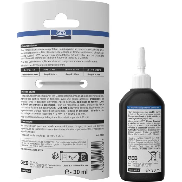 GEB - RLC + Résine 30 ml - Raccordement sans flamme pour cuivre et laiton jusqu'au Ø 28 mm - Pour eau potable, sanitaire et chauffage