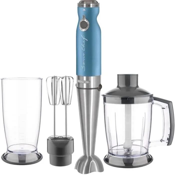 Sencor SHB 5602BL-EUE3 Mixeur plongeant 4 en 1 1200W avec technologie TITANIUM QuadBlade, 20 vitesses, poignée ergonomique, accessoires acier inoxydable, 6 ans garantie