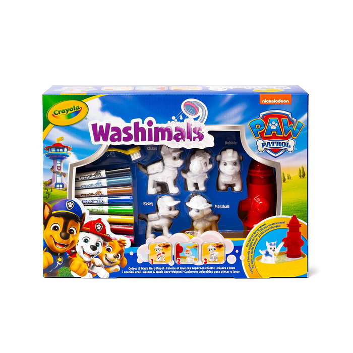 Crayola Washimals Set de 5 Mascotas Lavables Patrulla Canina (Paw Patrol) avec Hydrant et Pinceau - 8 Marqueurs Inclus - Jeu Créatif Enfant 3 Ans et Plus - Réf. 74-0291