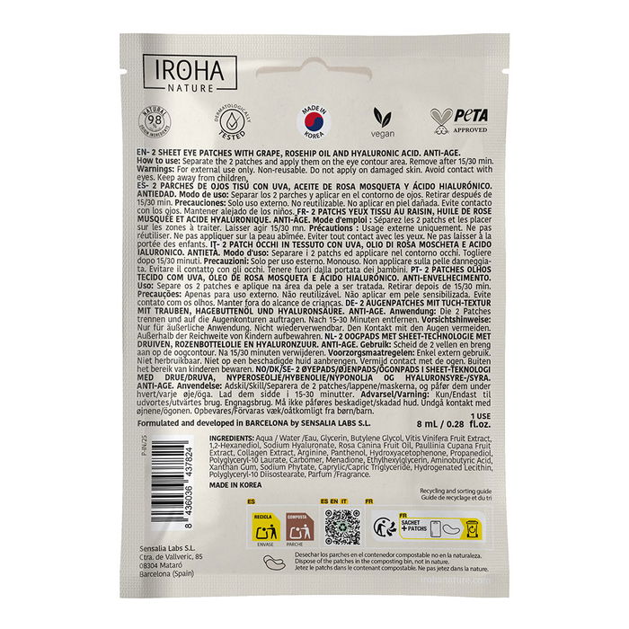 Iroha - Patchs pour le Contour des Yeux Anti-Âge à l'Extrait de Raisin - 8 ml - Lissant, Hydratant, Réparateur - Formule Coréenne (K-Beauty) à 98% d'Ingrédients Naturels