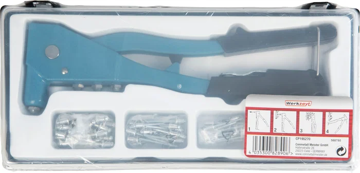 Meister CP195270 Pince à riveter avec 100 rivets en aluminium - Jeu professionnel ou amateur dans boîte plastique transparente