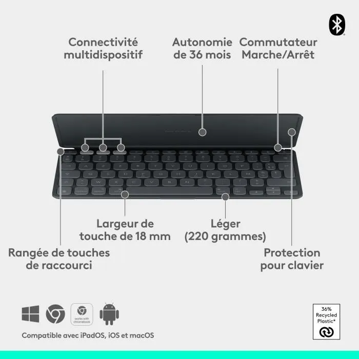 Logitech Keys-to-go 2 AZERTY Graphite pour iPad Logitech Keys-to-go 2 AZERTY Graphite pour iPad