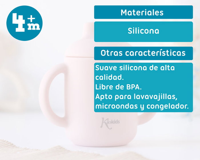 KioKids Ecofriendly Tasse d'Apprentissage en Silicone Souple, 120 ml, Résistante aux Températures Extrêmes, pour Bébé dès 4 Mois, Rosa