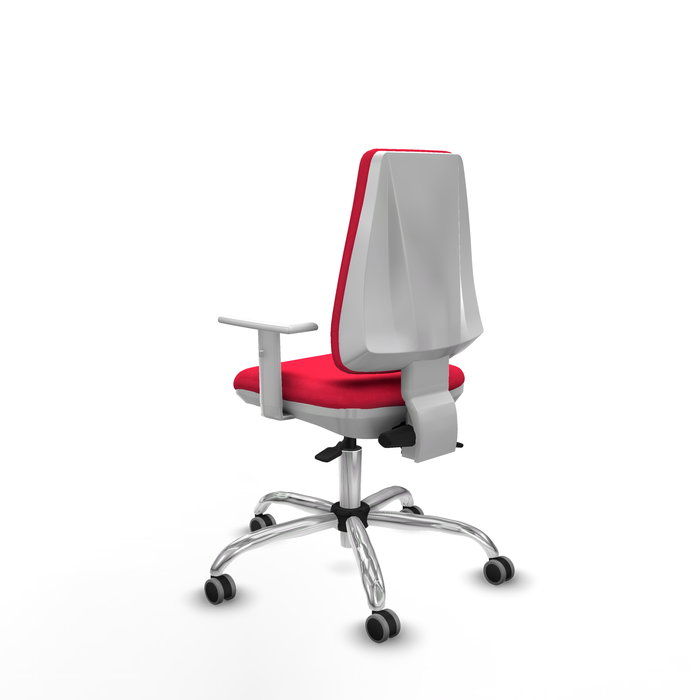 Chaise Elche Asynchrone Tissu Rouge Structure chromée Accoudoirs blancs Sans appui-tête Roulettes 65mm pour moquette