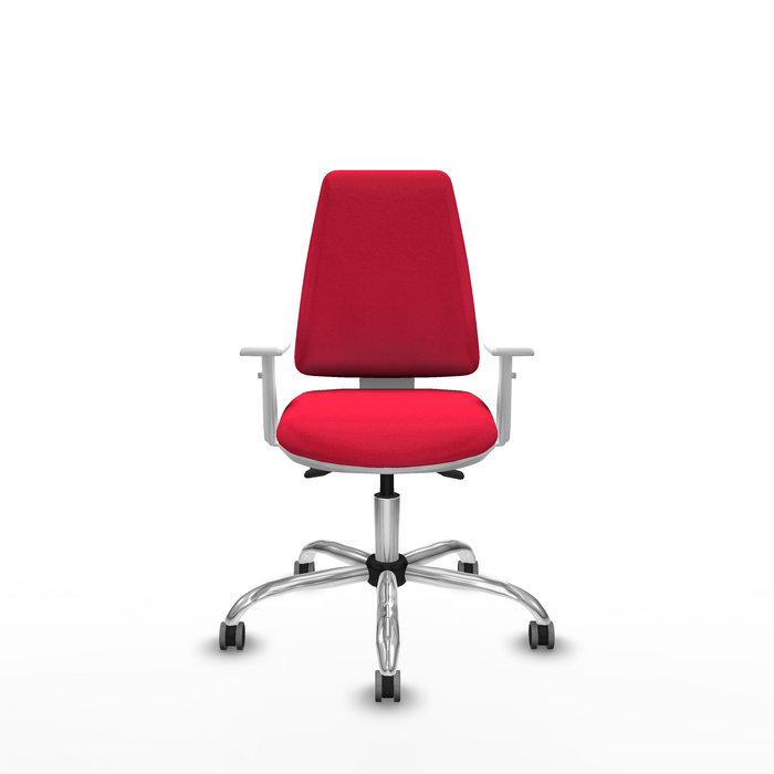 Chaise Elche Asynchrone Tissu Rouge Structure chromée Accoudoirs blancs Sans appui-tête Roulettes 65mm pour moquette