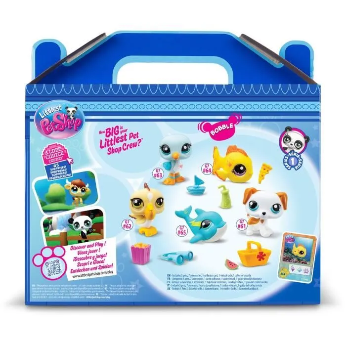 Bandai - Set Collector Littlest Pet Shop Thème Plage BF00517 - 5 animaux bobblin' head et accessoires - Jeu de collection Génération 7 - À partir de 4 ans