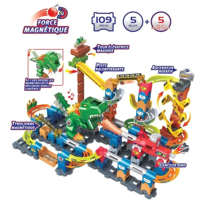 VTech Marble Rush Dino Adventures Magnetic Set XL400E - Circuit de billes magnétiques avec dinosaures - 100 pièces et 10 billes - Version française