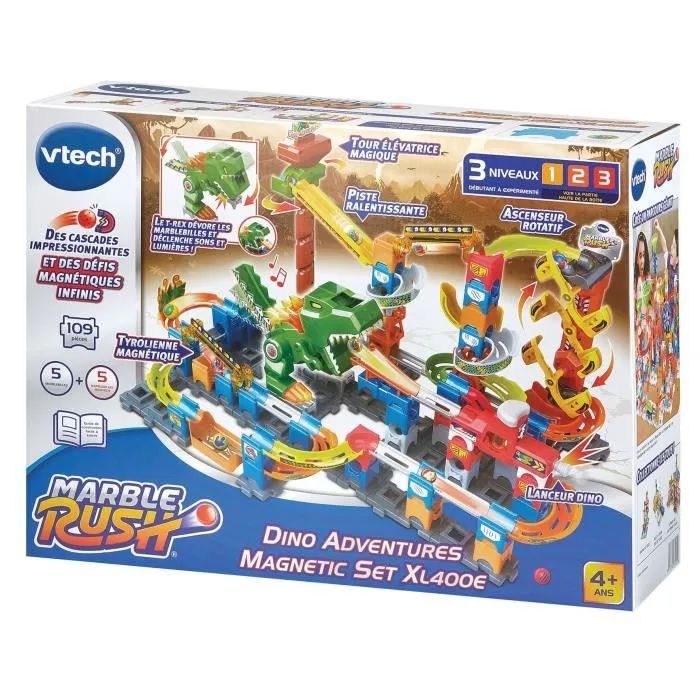 VTech Marble Rush Dino Adventures Magnetic Set XL400E - Circuit de billes magnétiques avec dinosaures - 100 pièces et 10 billes - Version française