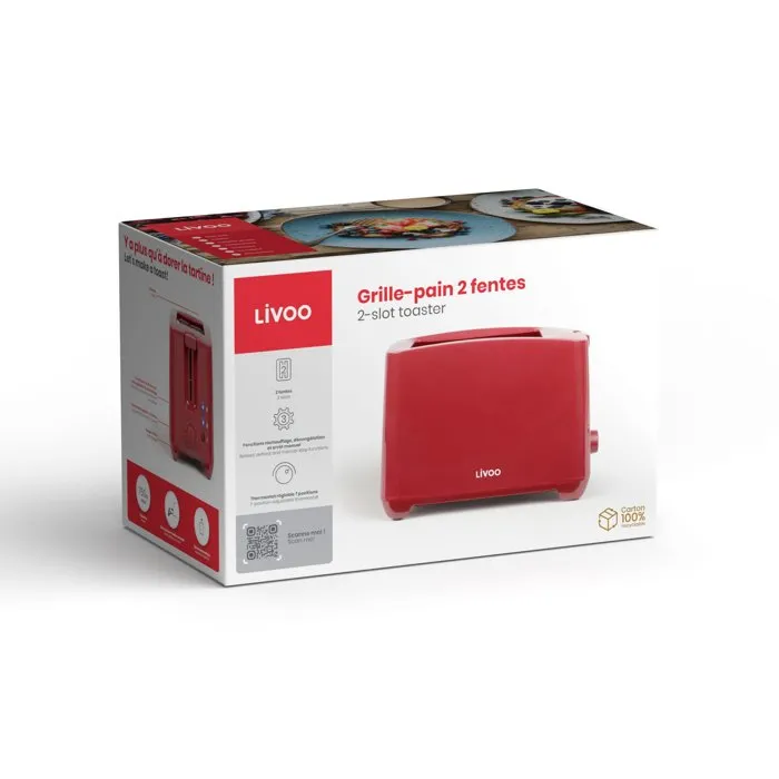 Livoo Grille-pain DOD162RC 750W avec 2 fentes, Thermostat 7 niveaux, Fonctions LED et Tiroir Ramasse-Miettes, Rouge