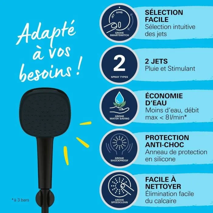 GROHE - Ensemble de douche Vitalio Comfort 110 avec pommeau 2 jets (11cm), support mural universel et flexible 1,75m - Modèle 263992431 - Économie d'eau