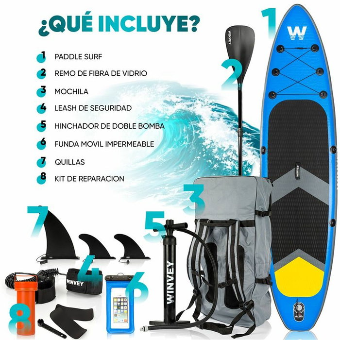 Planche de Paddle Surf Gonflable avec Accessoires Winvey SUP-B Bleu Planche de Paddle Surf Gonflable avec Accessoires Winvey SUP-B Bleu