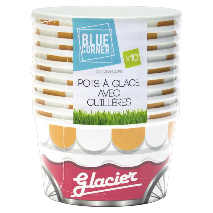Blue Corner Lot de 10 bols pour glace en papier avec cuillères