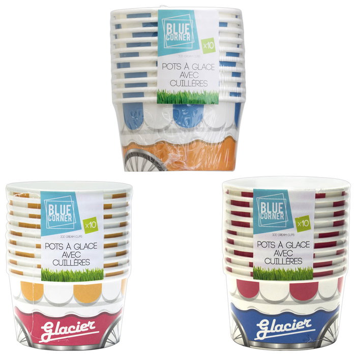 Blue Corner Lot de 10 bols pour glace en papier avec cuillères