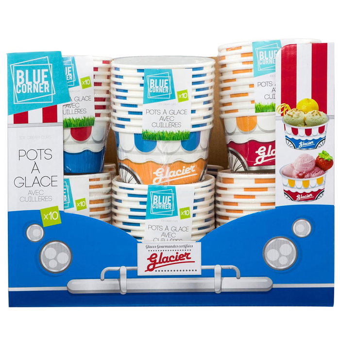 Blue Corner Lot de 10 bols pour glace en papier avec cuillères