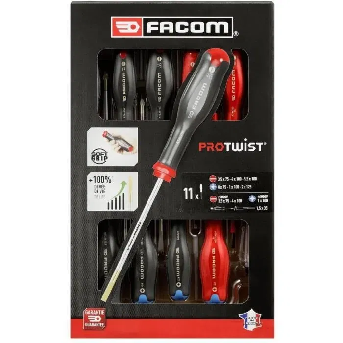 Facom AT.11PB Jeu de 11 Tournevis PROTWIST avec Outils Isolés 1000V, Tournevis Testeur et Microtech