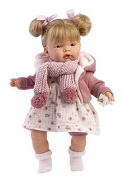 Llorens Muñeca llorona joelle - Poussette bébé pleureuse rose Joelle 38cm avec tétine - Corps en tissu - Fonction sonore - Langue espagnole