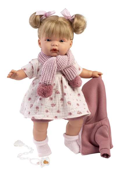 Llorens Muñeca llorona joelle - Poussette bébé pleureuse rose Joelle 38cm avec tétine - Corps en tissu - Fonction sonore - Langue espagnole