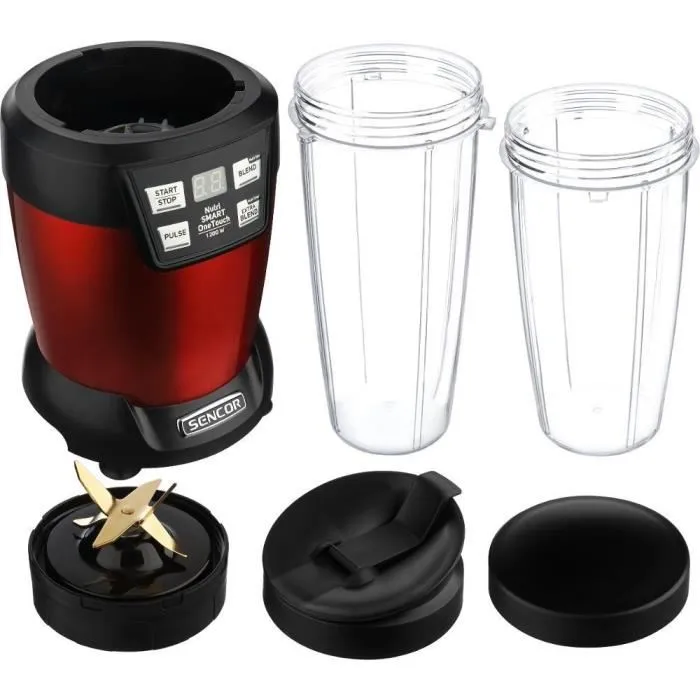 Sencor SNB 6601RD Blender Smoothie, Mixeur 1200 W avec 2 Récipients (0.8 L, 1 L), 6 Lames Titane, Programmes Prédéfinis, Sans BPA