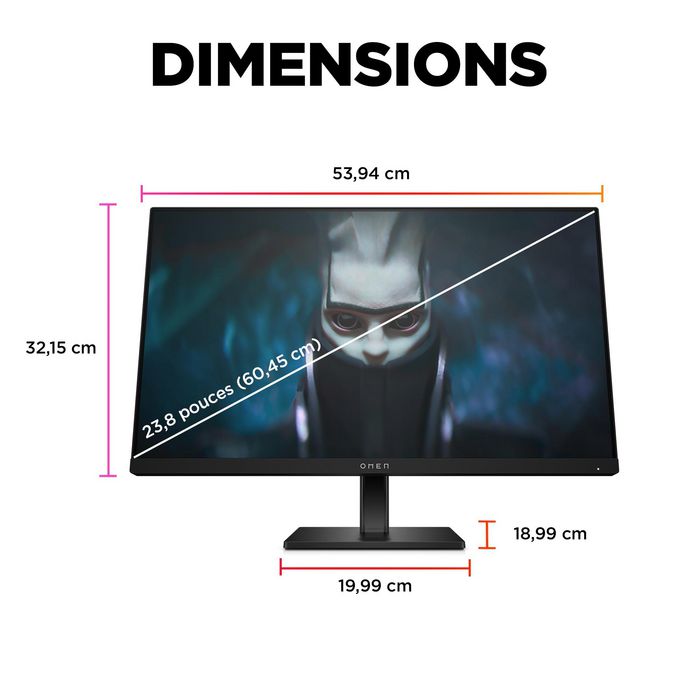 HP Omen - Écran PC Gaming 23.8 pouces / 60.5 cm - Résolution Full HD (1920 x 1080) - Dalle IPS - 165 Hz - 1 ms - AMD FreeSync Premium - Pied réglable