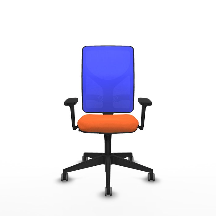 Chaise Motilla Synchro 3 positions tissu Orange Maille Bleu Base pyramidale noire Accoudoir 3D Sans appui-tête Roulettes 65mm pour moquette