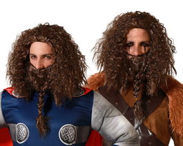 Postiche Viking - Perruque et Barbe Brunes Tressées pour Déguisement de Guerrier, Cosplay Médiéval et Fantaisie
