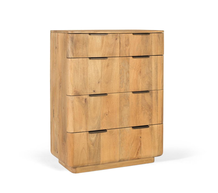 GINER Y COLOMER - Commode Haute en Bois de Manguier Naturel 110 cm, 5 Tiroirs, Design Élégant et Fonctionnel