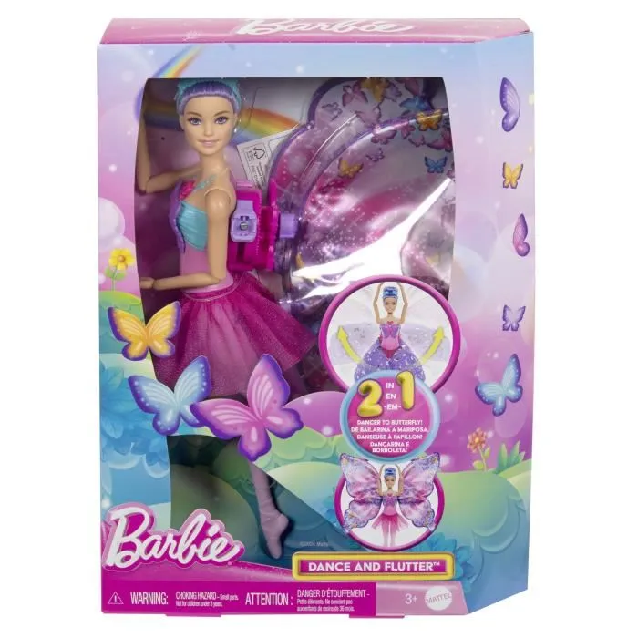 Barbie HXJ10 Poupée Danseuse Papillon Transformable 2 en 1 avec Ailes à Bouton et Tenue de Ballet