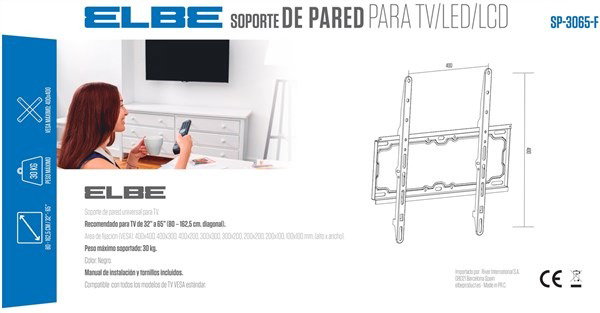 Elbe SP-3065-F Support TV mural fixe 30-65 pouces (30 kg max), compatible VESA, noir