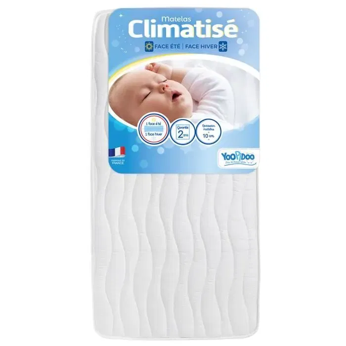 Yoopidoo Matelas Bébé Climatisé 60x120 cm, 2 faces (Été fraîche et Hiver ouatinée), Sans traitement chimique, Tissu microfibre, Forme coffre